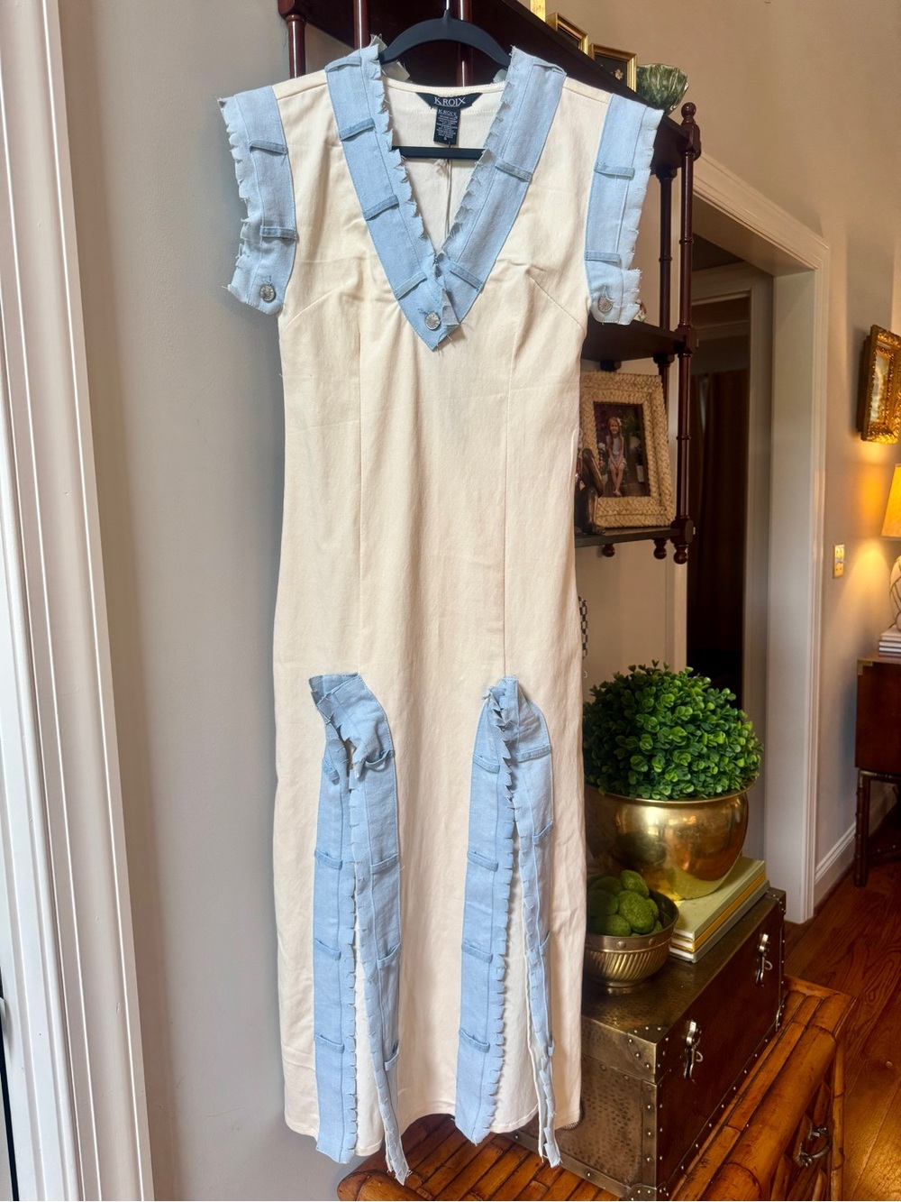 Denim Cream Midi Dress with Light Blue Trim